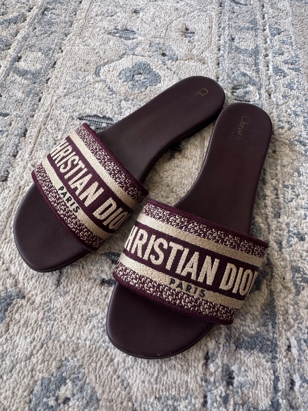 Dior Dway Burgundy and Beige Logo Slide Sandals 39.5